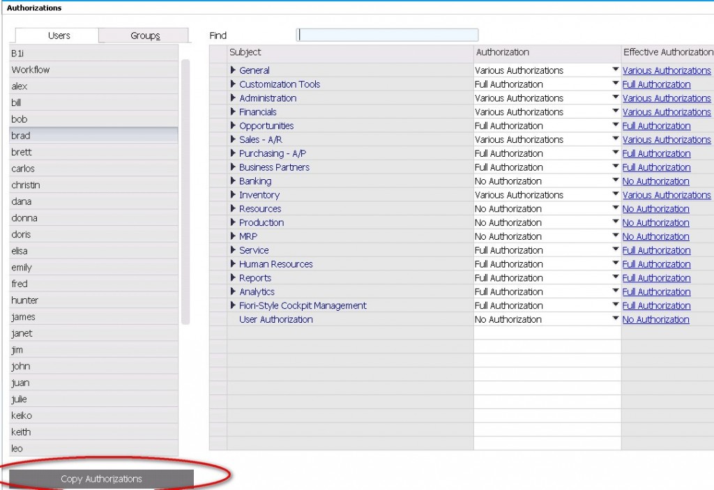 Copy authorisations in SAP Business One User Admin: