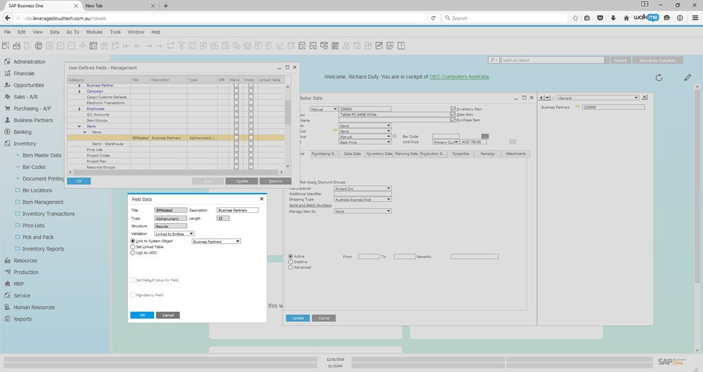 User Defined fields can now be linked to SAP Business One data entities (master files and transactions)