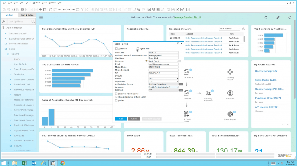 Main fields in the User Setup Window SAP Business One 9.2