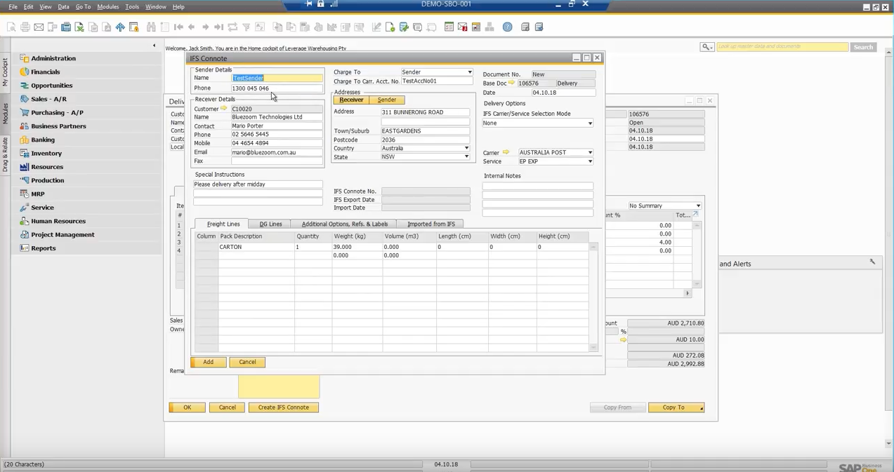 IFS Connote for SAP Business One