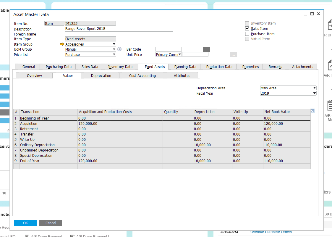 Values in SAP Business One fixed assets